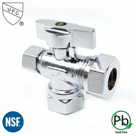 THRIFCO PLUMBING 1/2 Inch FIP x 1/2 Inch Slip Joint x 3/8 Inch Comp Quarter Turn Brass  Angle Stop Valve 4406484